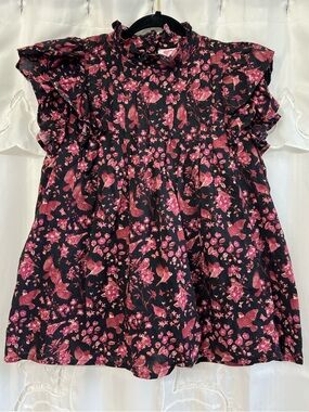 Victoria Dunn Chinoiserie Floral Bird Top Small Ruffle Sleeve High Neck Blouse